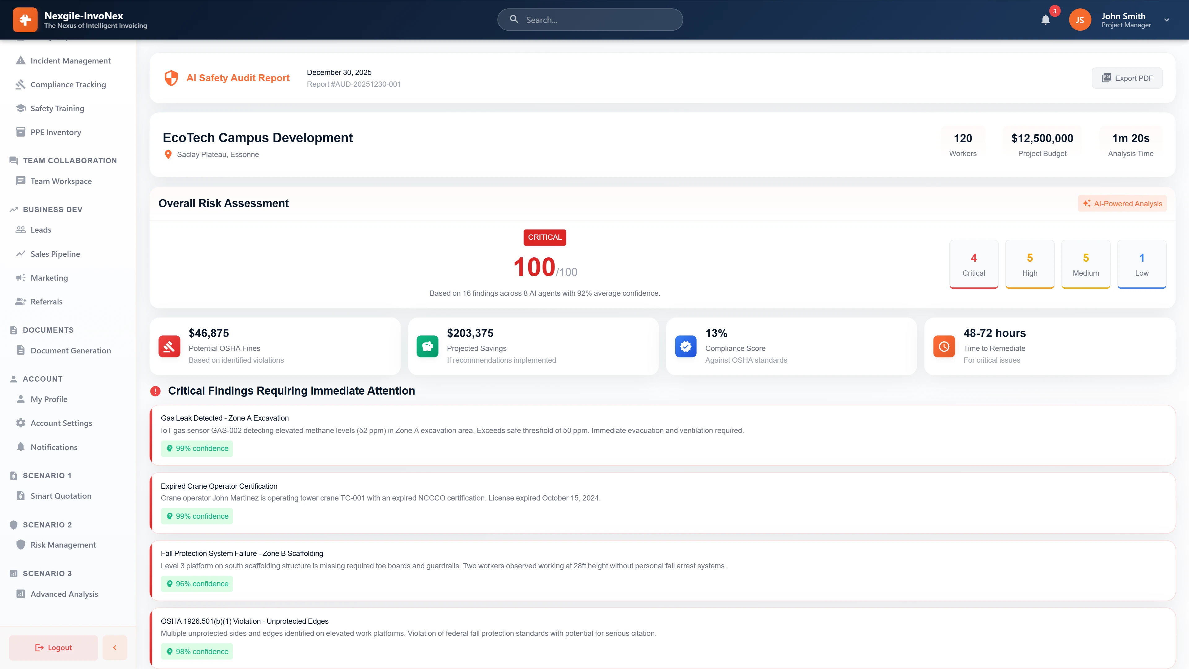 Illustrative preview (sample data, not verified outcomes): AI Safety Audit Report - Executive summary with risk score (100/100 critical), potential OSHA fines, projected savings, compliance score, and critical findings requiring immediate action.